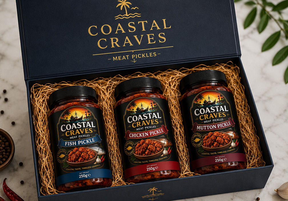 Coastal Craves navy gift box with Fish, Chicken and Mutton pickle jars